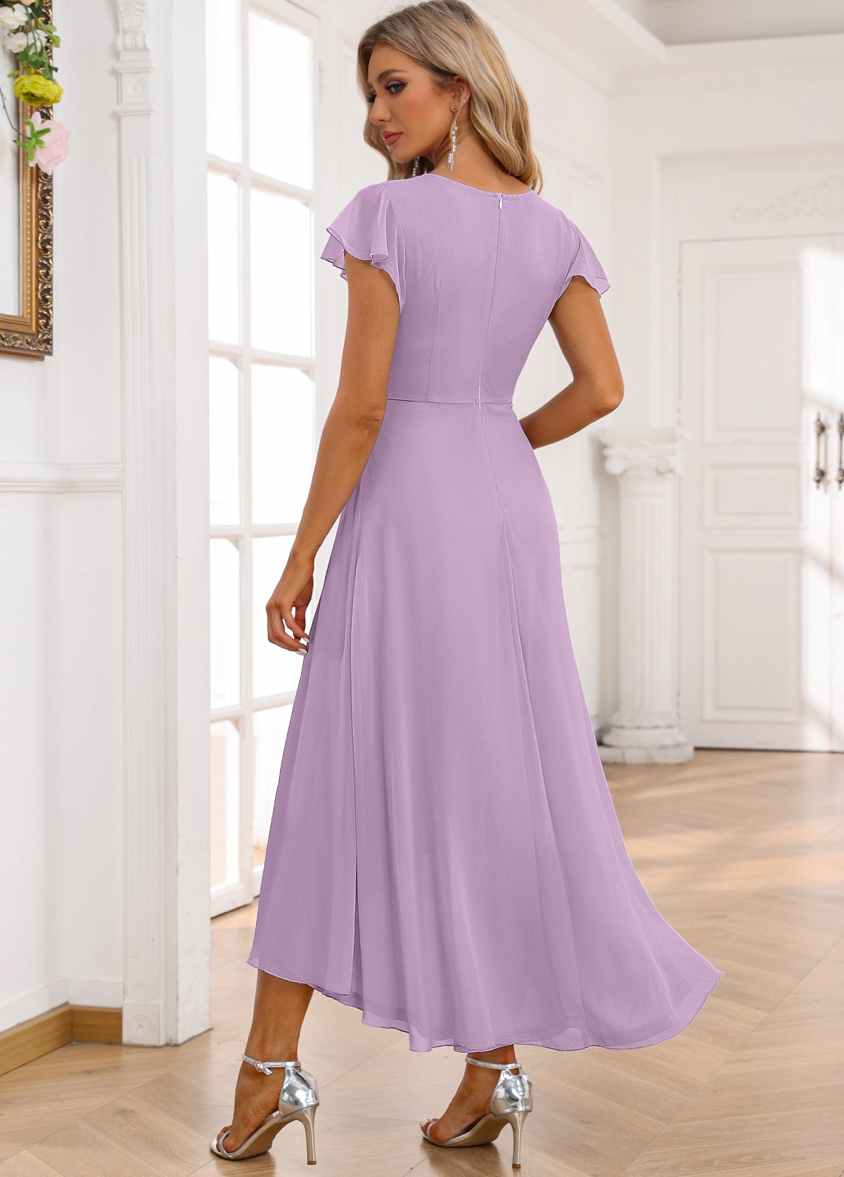 Light Purple Twist High Low Short Sleeve Dress