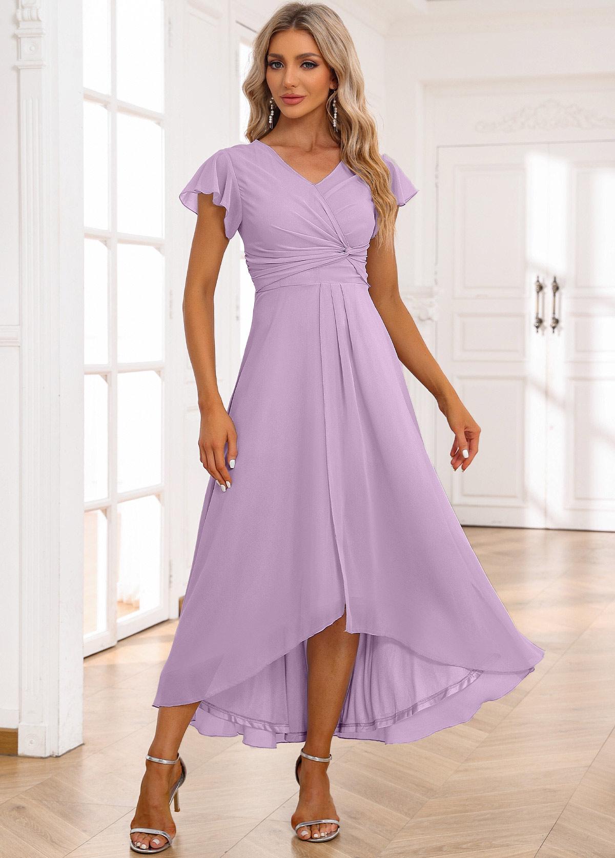Light Purple Twist High Low Short Sleeve Dress