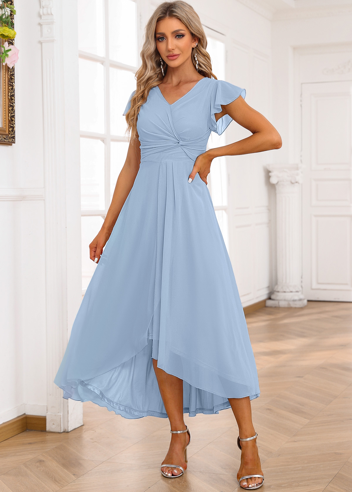 Light Blue Twist High Low Short Sleeve Dress