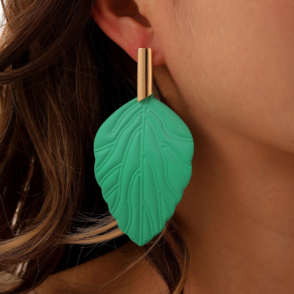 Metal Detail Mint Green Leaf Earrings