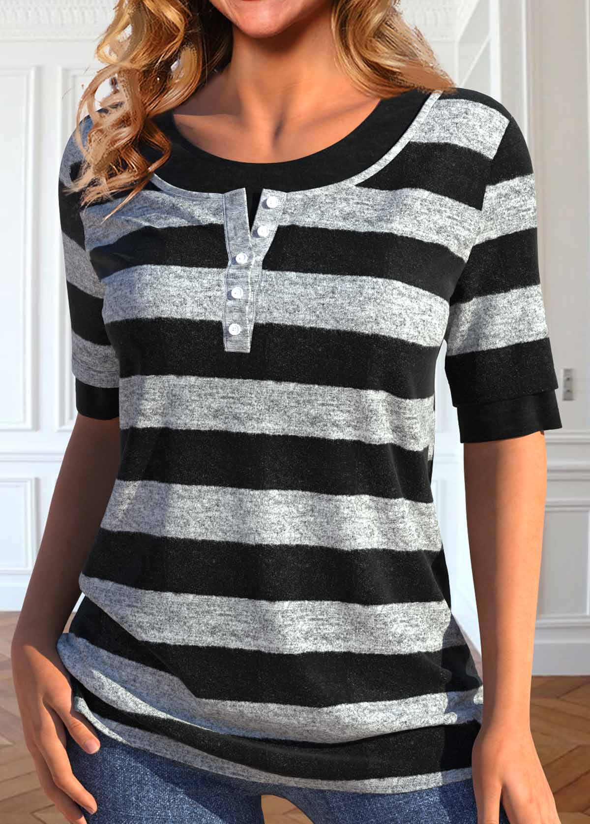Black Fake 2in1 Striped Short Sleeve T Shirt