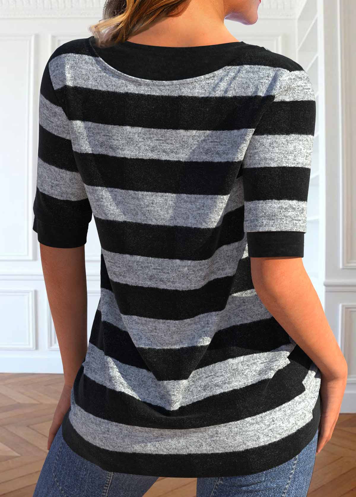 Black Fake 2in1 Striped Short Sleeve T Shirt