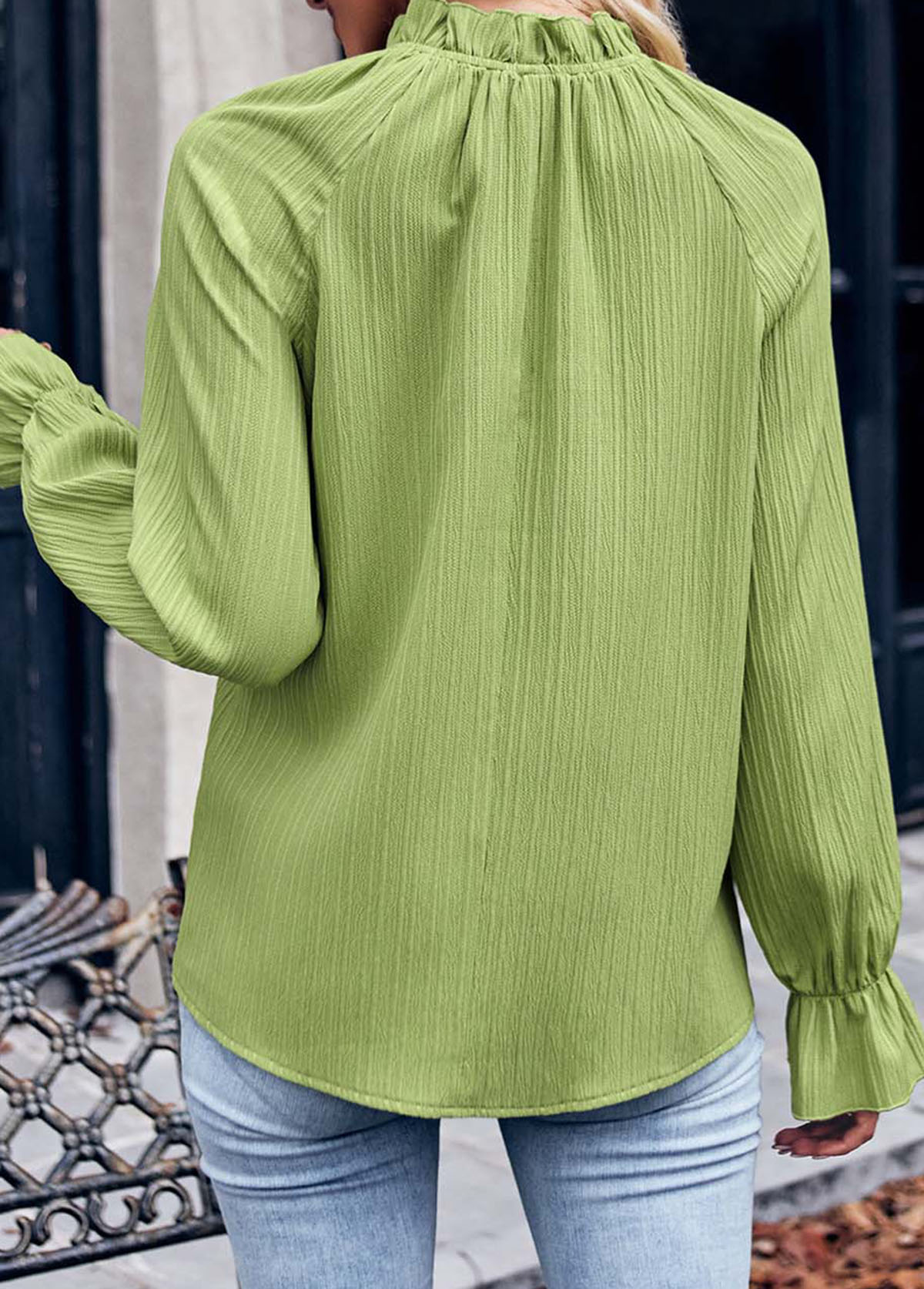 Avocado Green Ruched Long Sleeve Stand Collar Blouse
