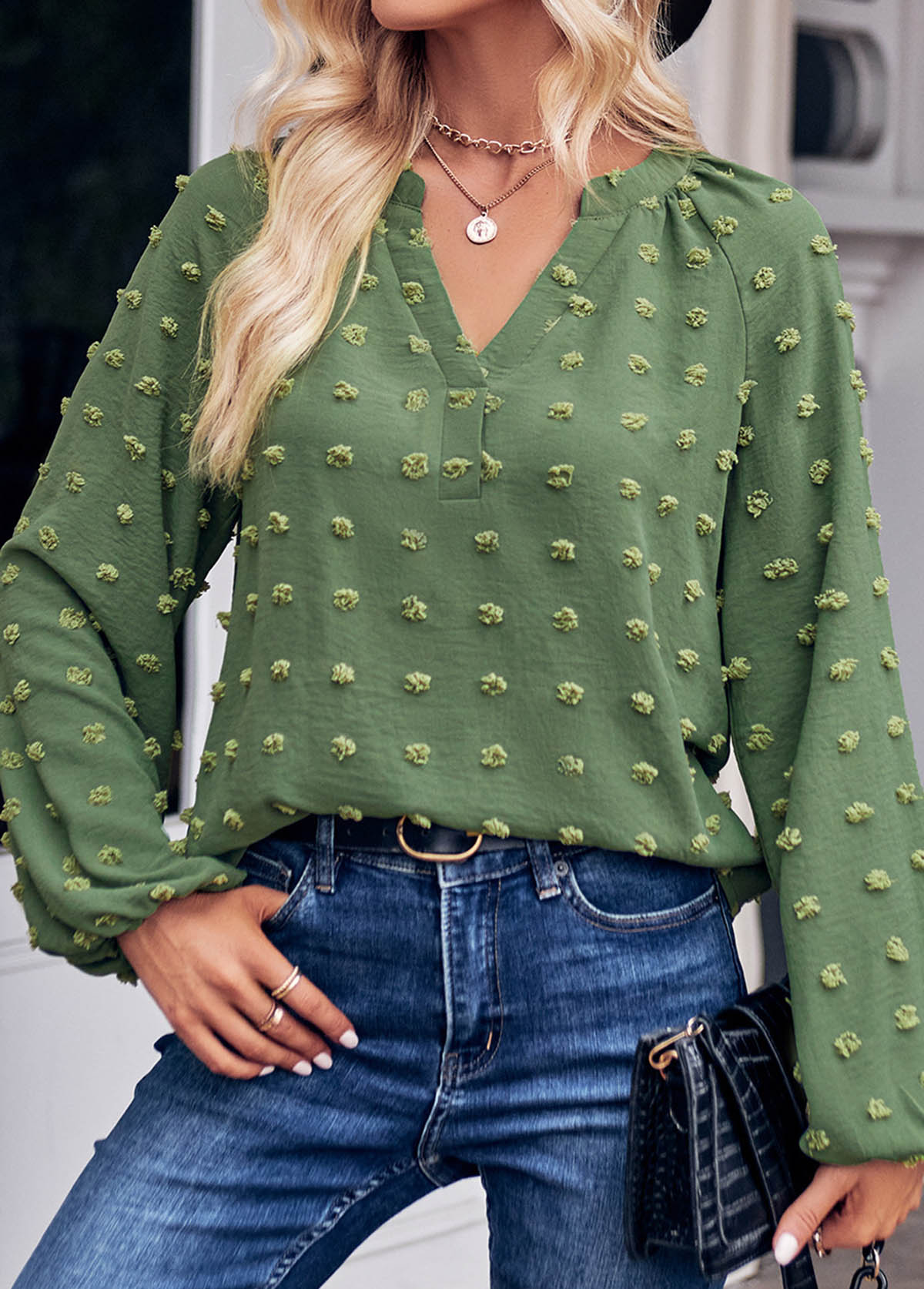 Ruched Green Split Long Sleeve Blouse