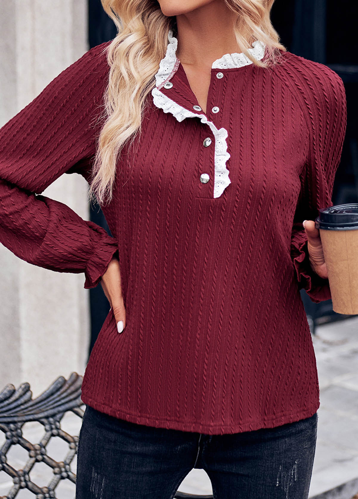 Wine Red Patchwork Long Sleeve Stand Collar Blouse