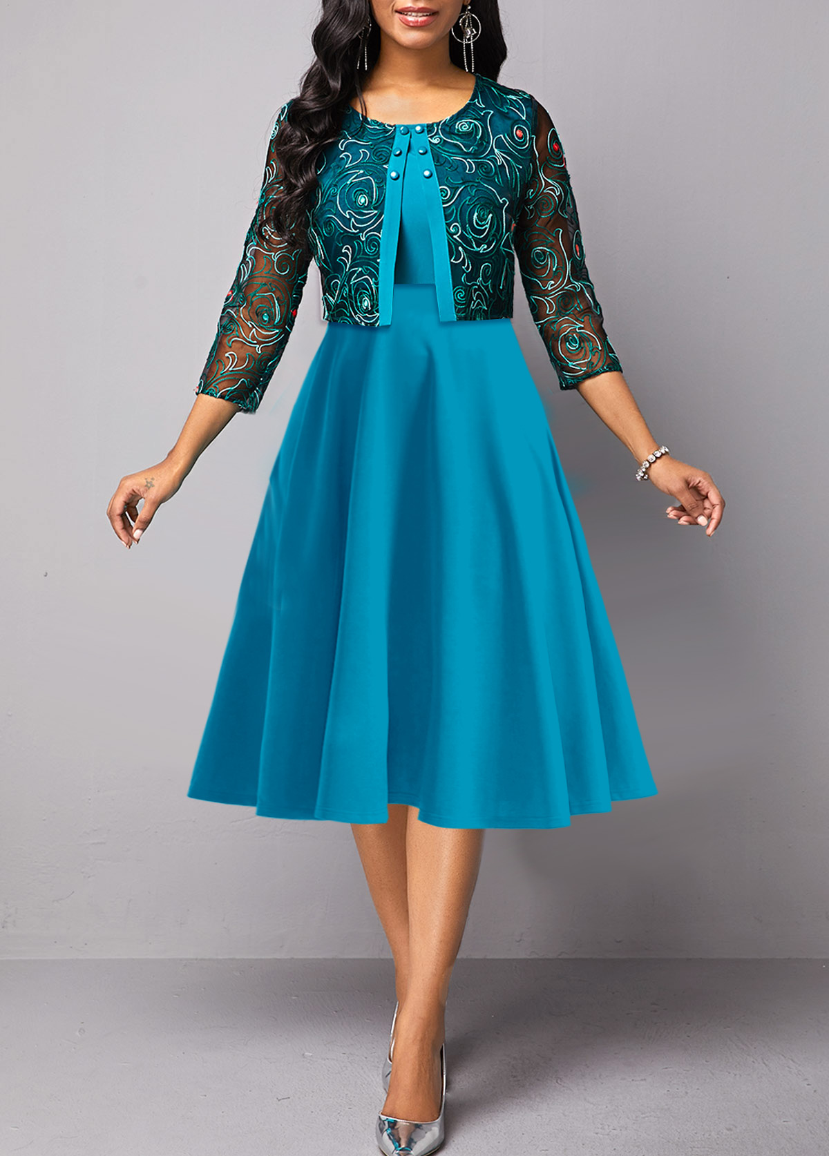 Peacock Blue Lace Three Quarter Length Sleeve Dress
