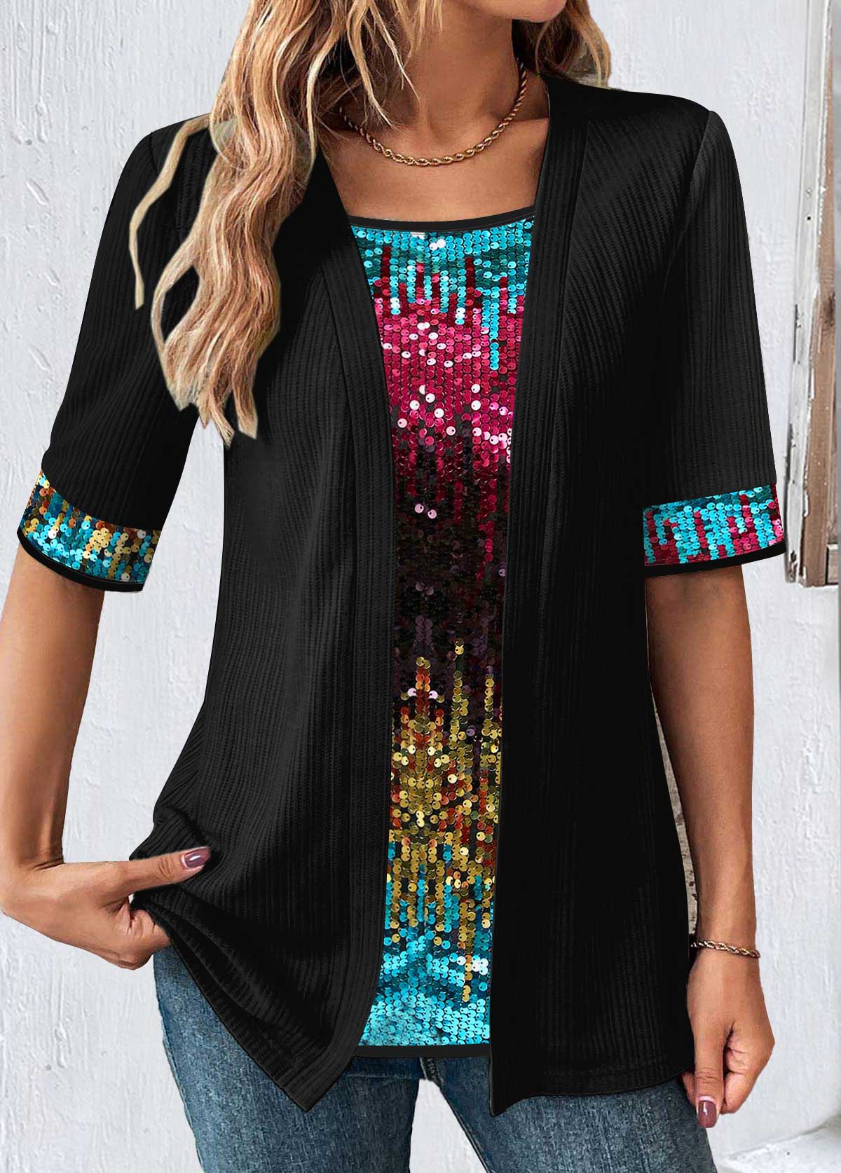 Black Short Sleeve Square Neck Fake Two Piece Twinset | picture 