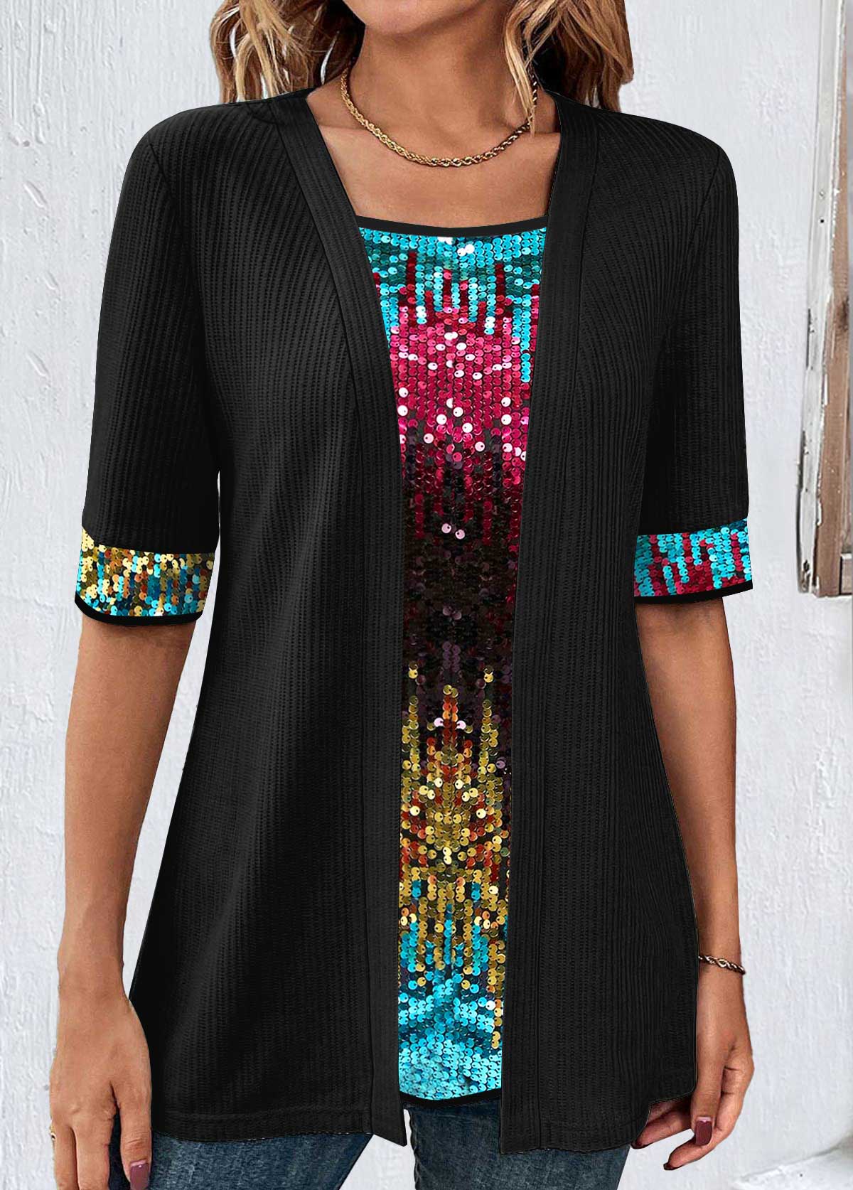 Black Short Sleeve Square Neck Fake Two Piece Twinset | picture 