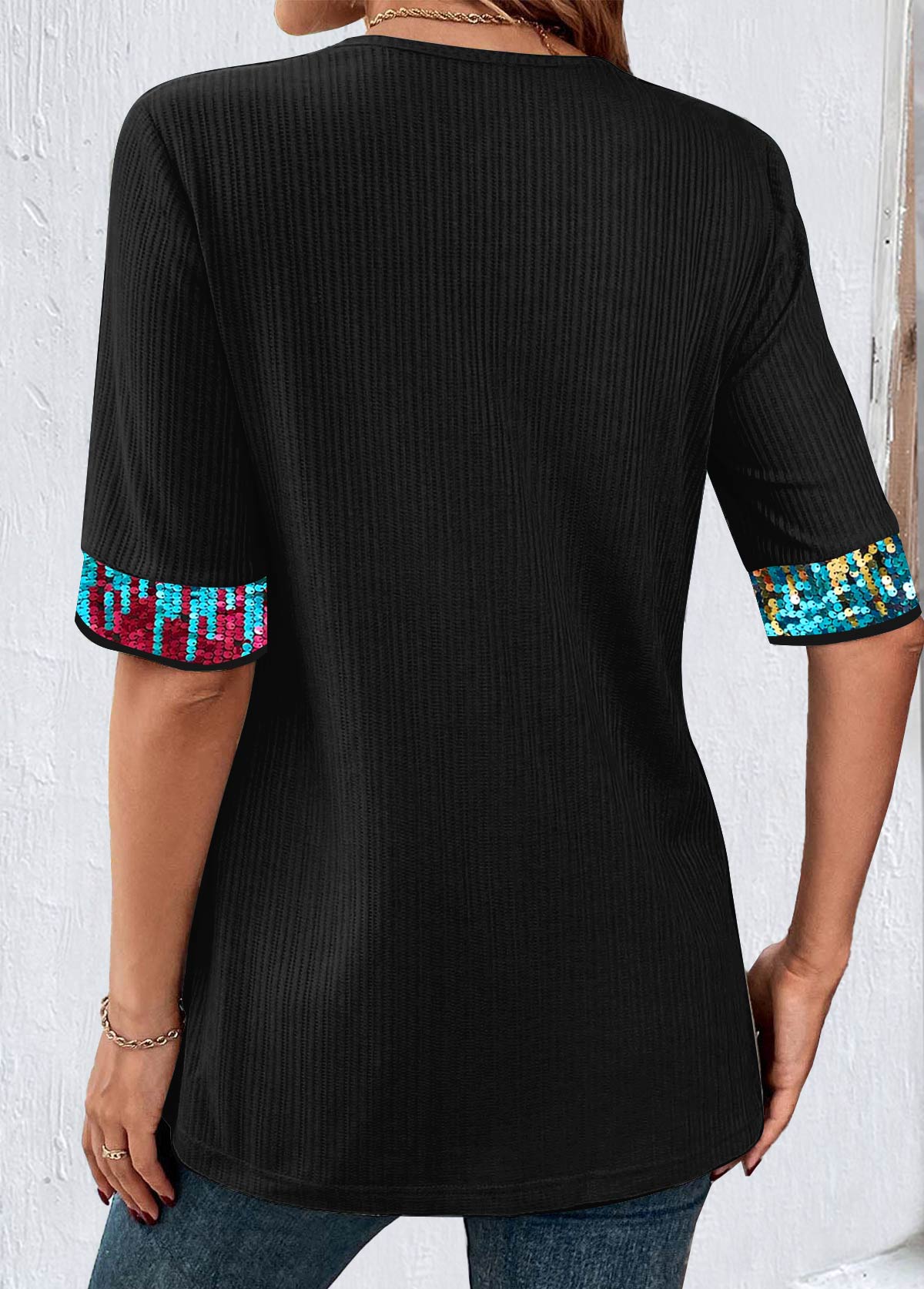 Black Short Sleeve Square Neck Fake Two Piece Twinset | picture 