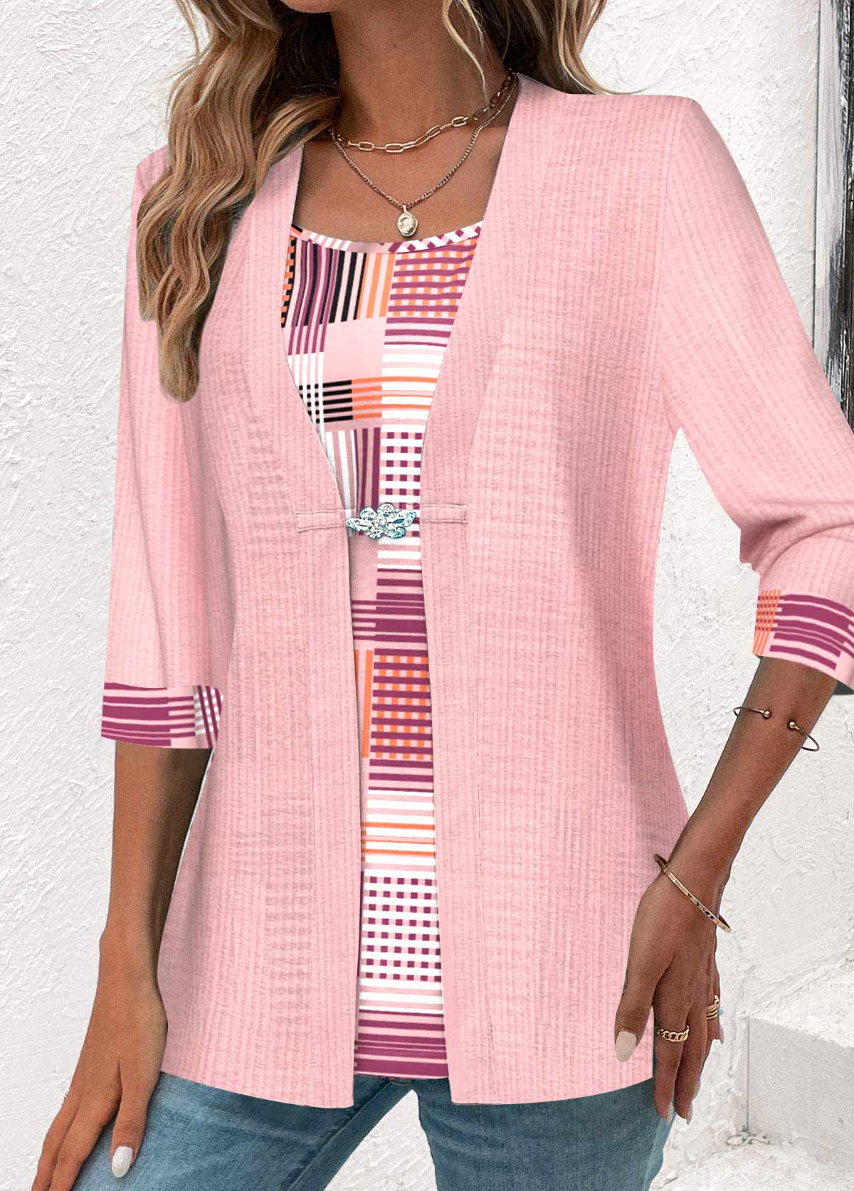 Pink Geometric Print 3/4 Sleeve Fake Two Piece Twinset | picture 