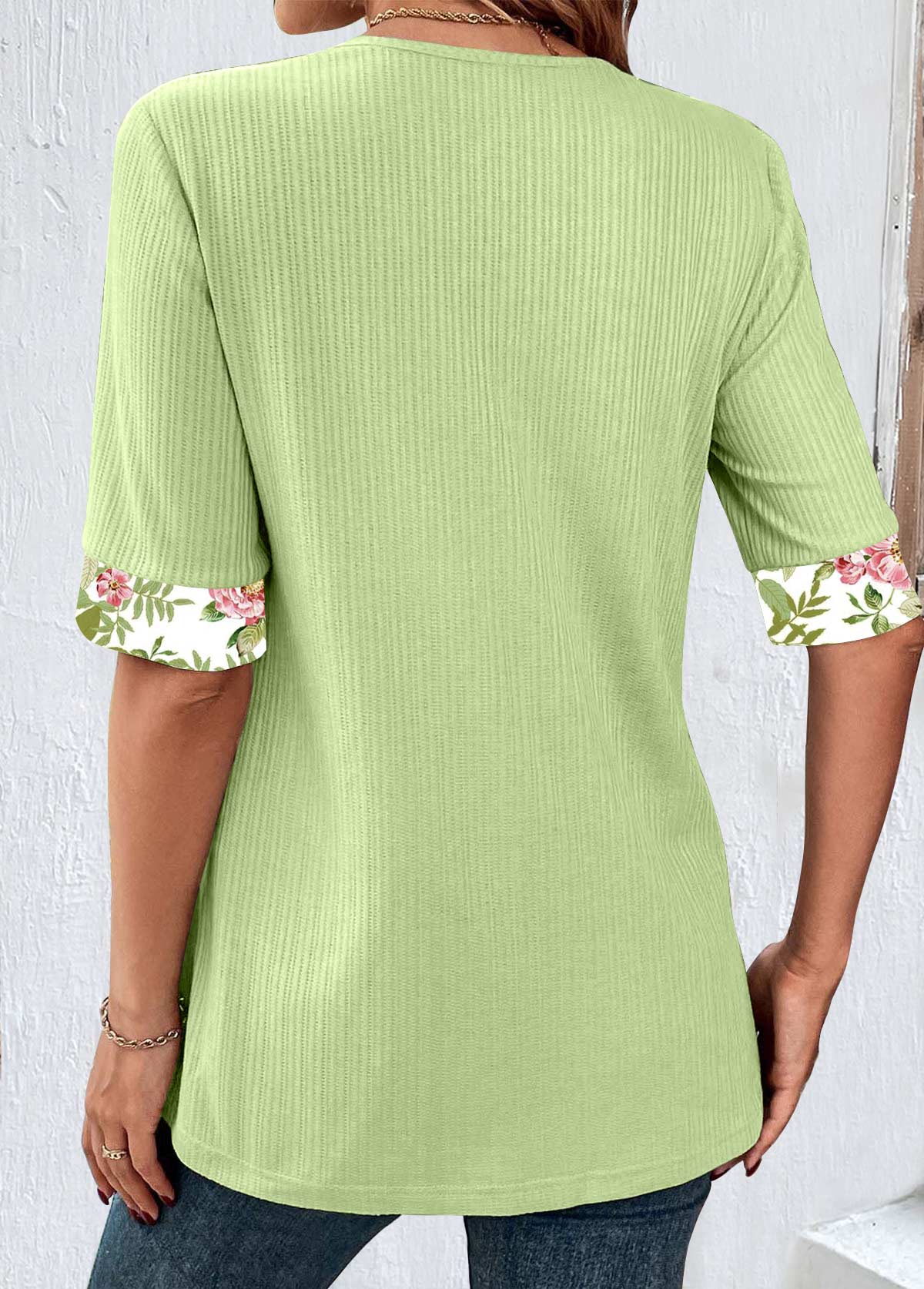 Avocado Green Patchwork Floral Print T Shirt
