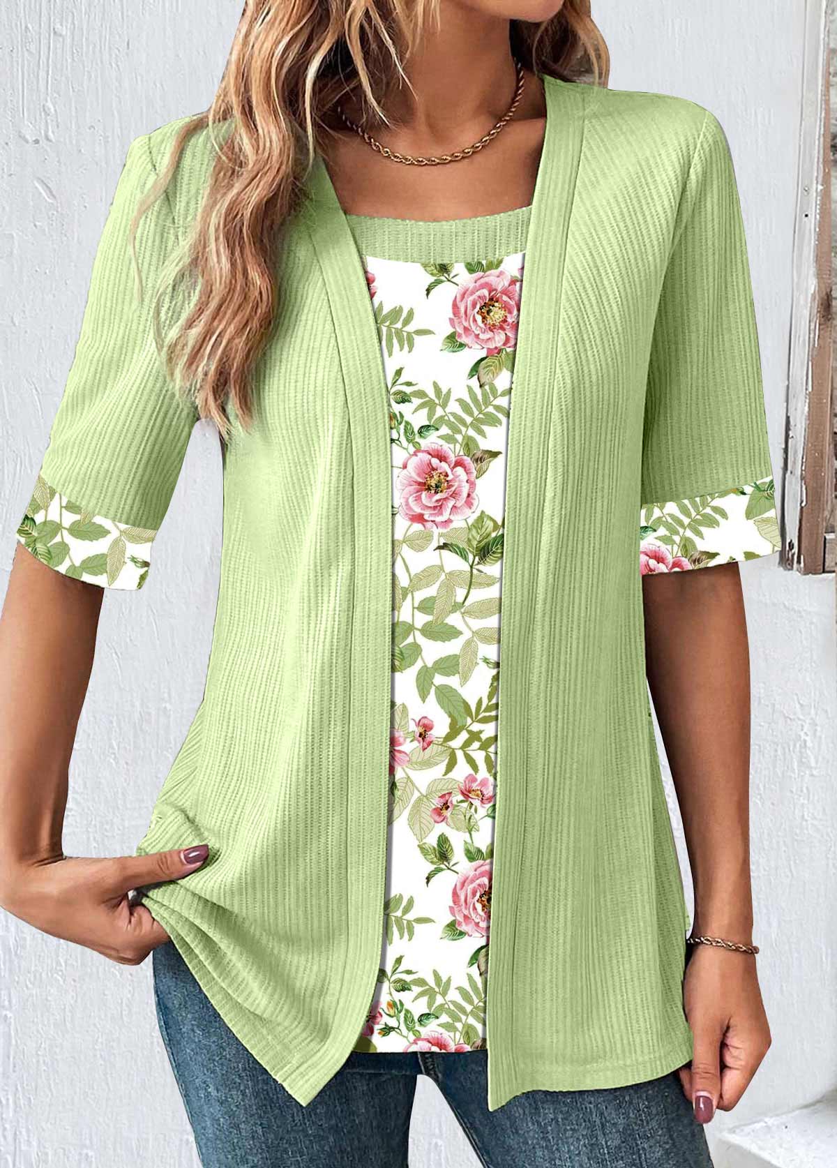 Avocado Green Patchwork Floral Print T Shirt | modlily.com - USD 25.98