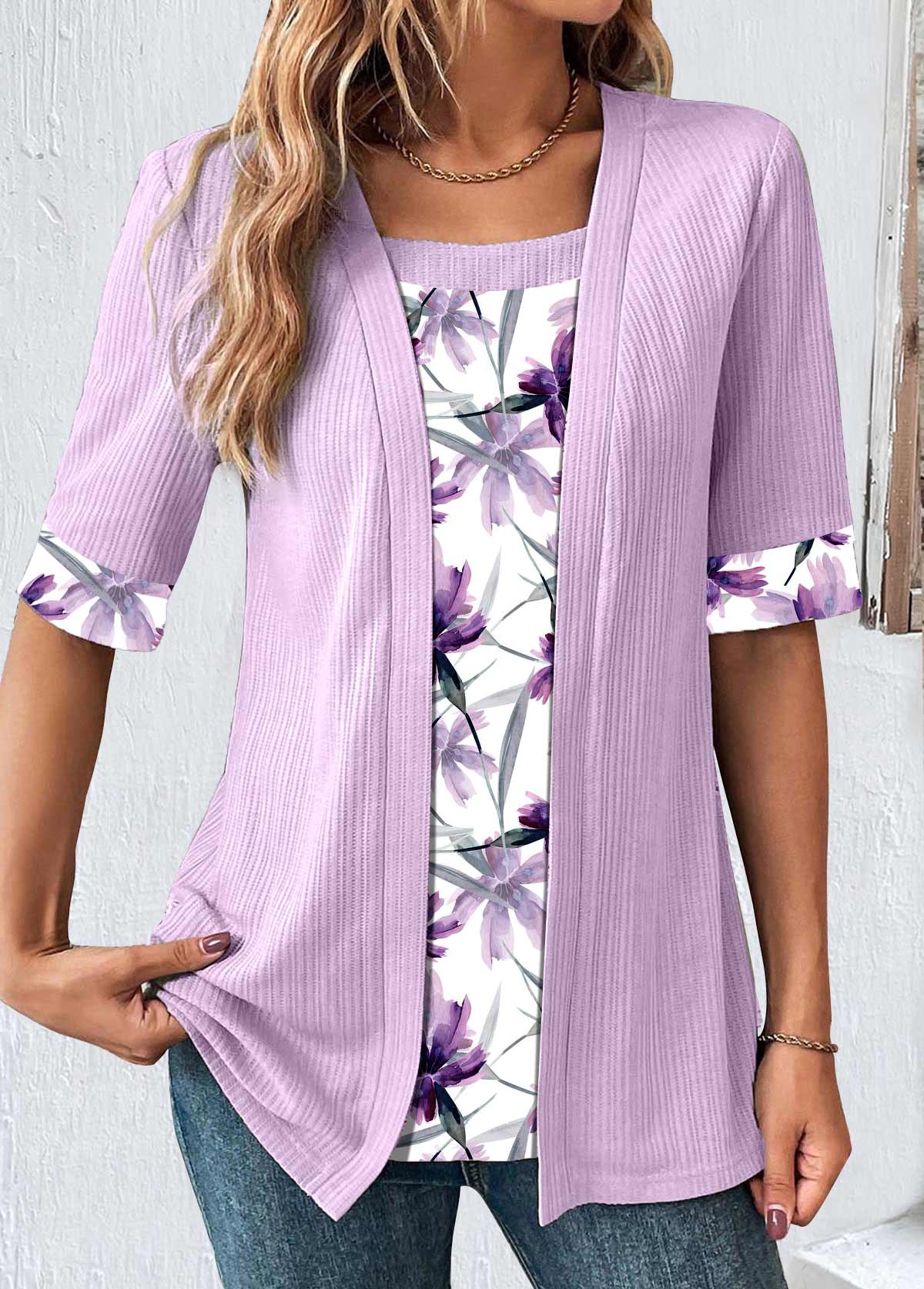 Light Purple Fake 2in1 Floral Print T Shirt