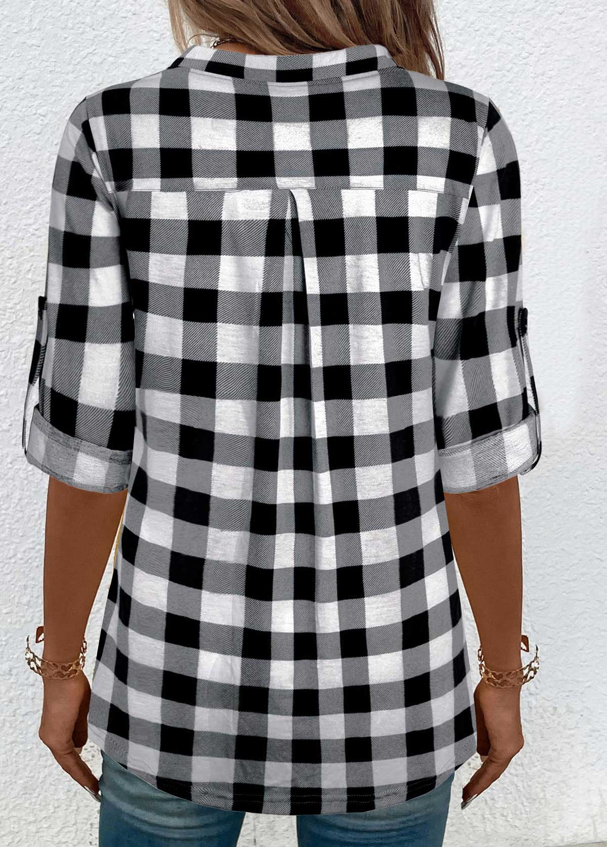 Black Button Plaid Three Quarter Length Sleeve Blouse | picture 