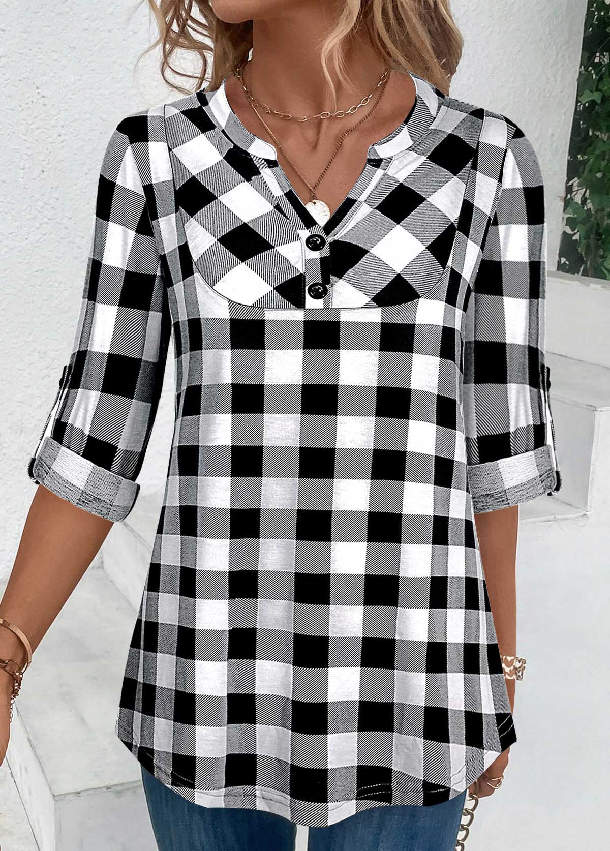 Black Button Plaid Three Quarter Length Sleeve Blouse | picture 