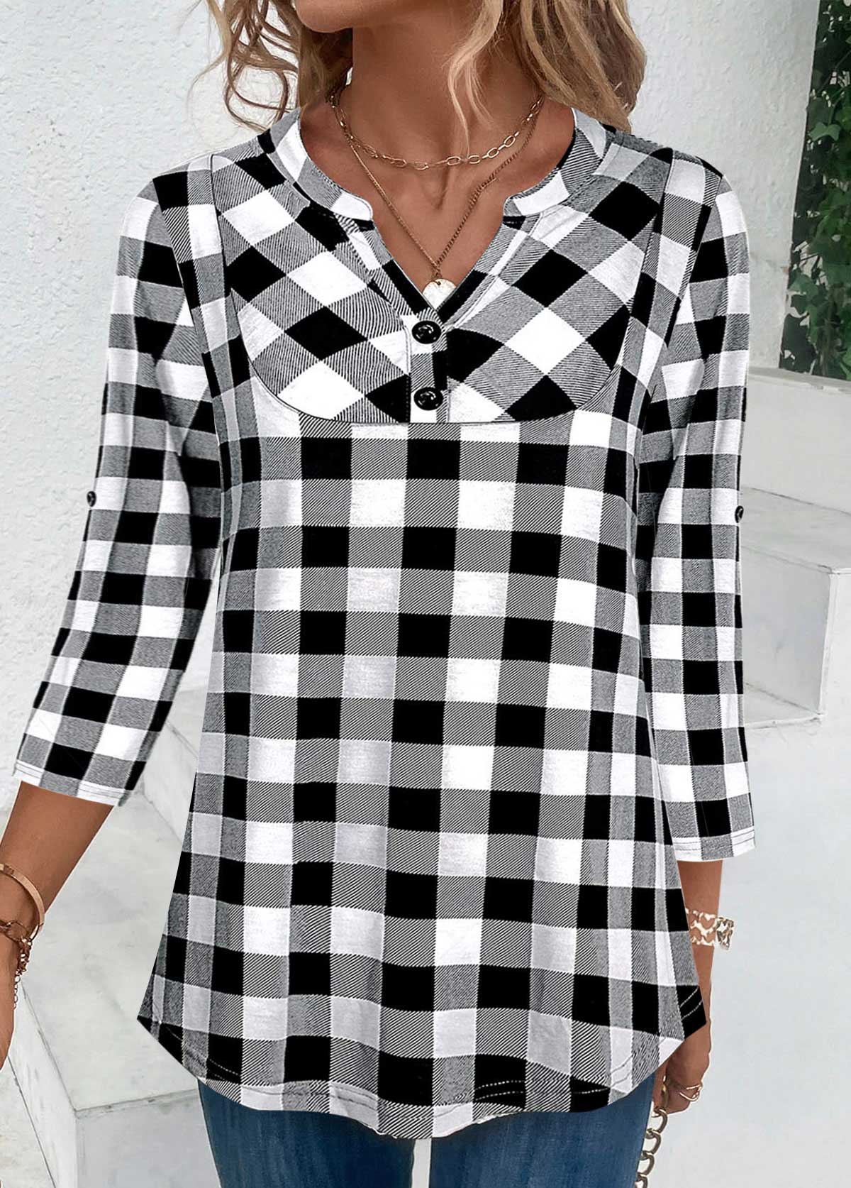 Black Button Plaid Three Quarter Length Sleeve Blouse | picture 