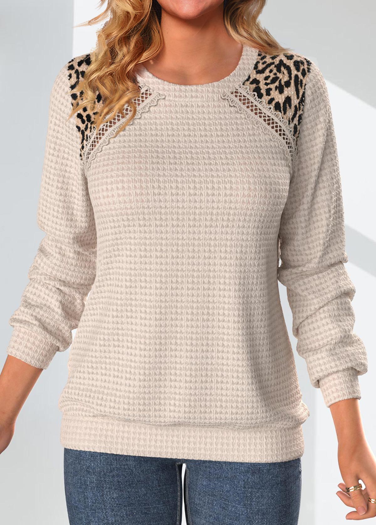 Light Camel Patchwork Leopard Long Sleeve Sweatshirt | picture 