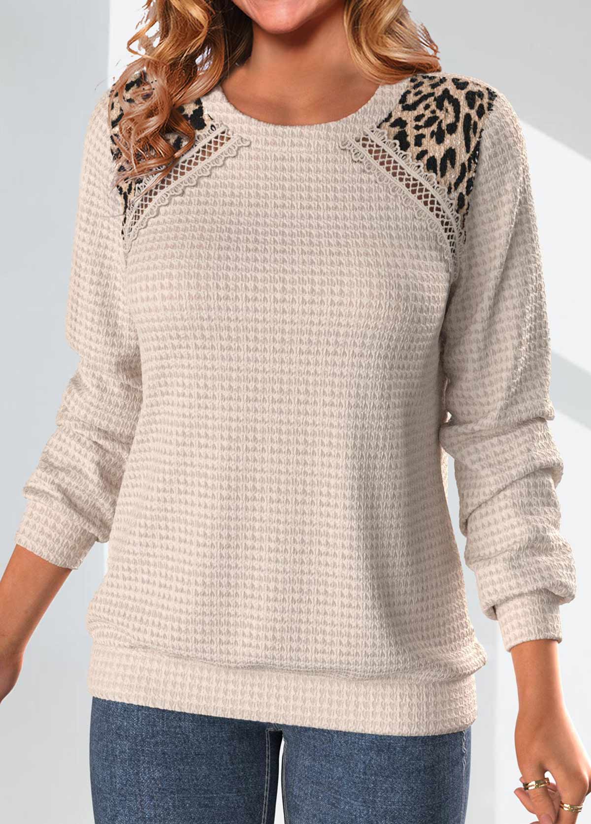 Light Camel Patchwork Leopard Long Sleeve Sweatshirt | picture 
