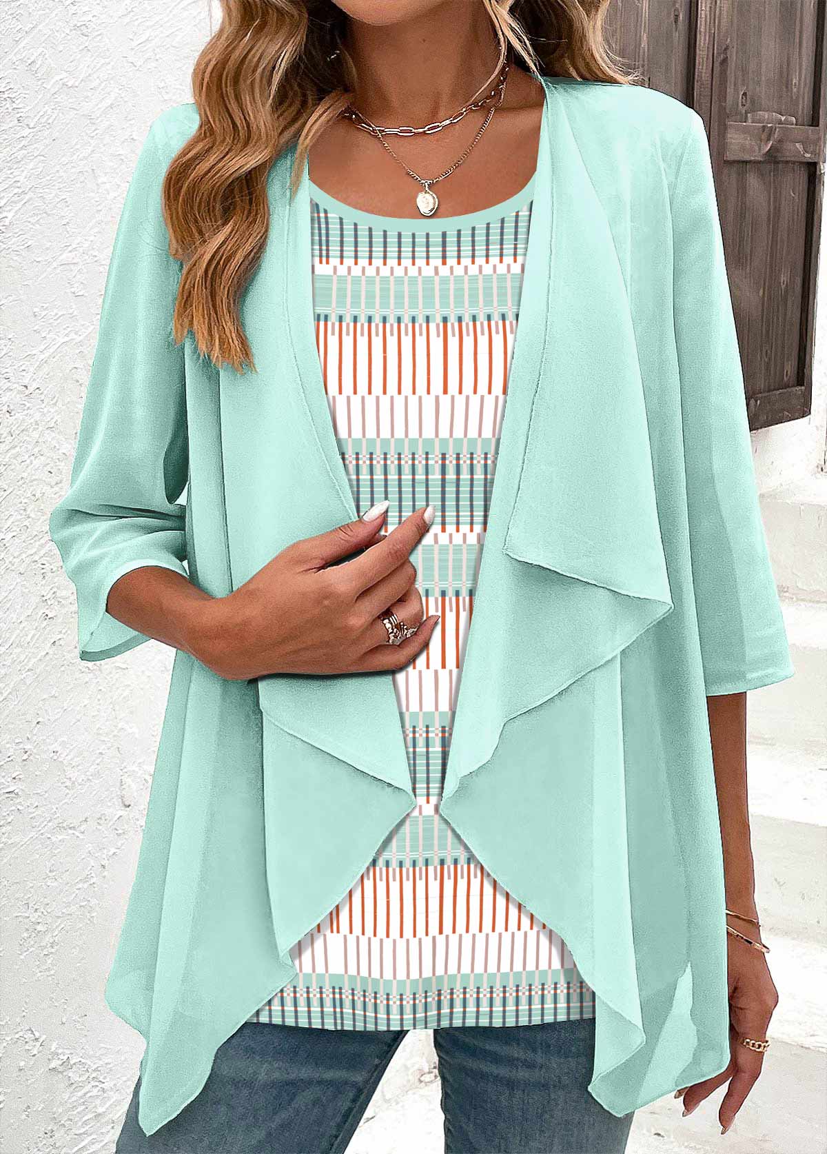 Plus Size Mint Green Fake 2in1 Blouse | picture 