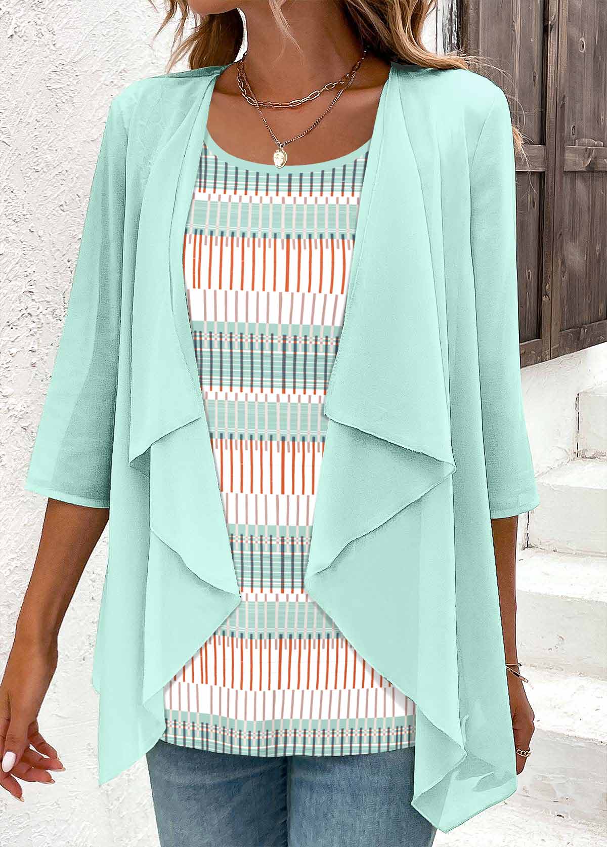 Plus Size Mint Green Fake 2in1 Blouse | picture 