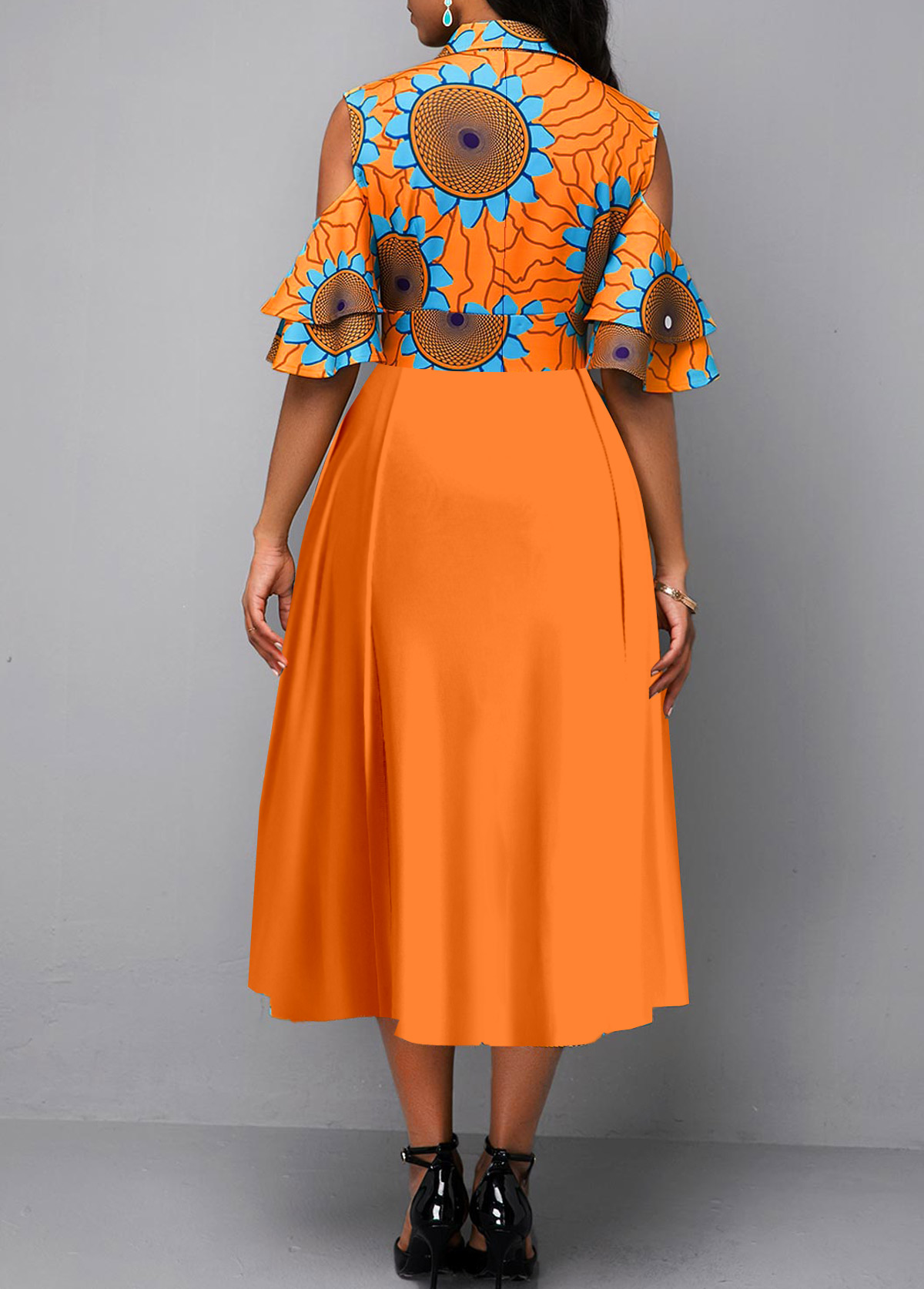 Orange Ruffle Tribal Print Half Sleeve Dress