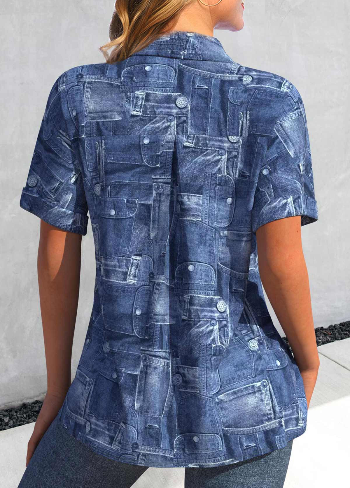 Denim Blue Pocket Short Sleeve Shirt Collar Blouse