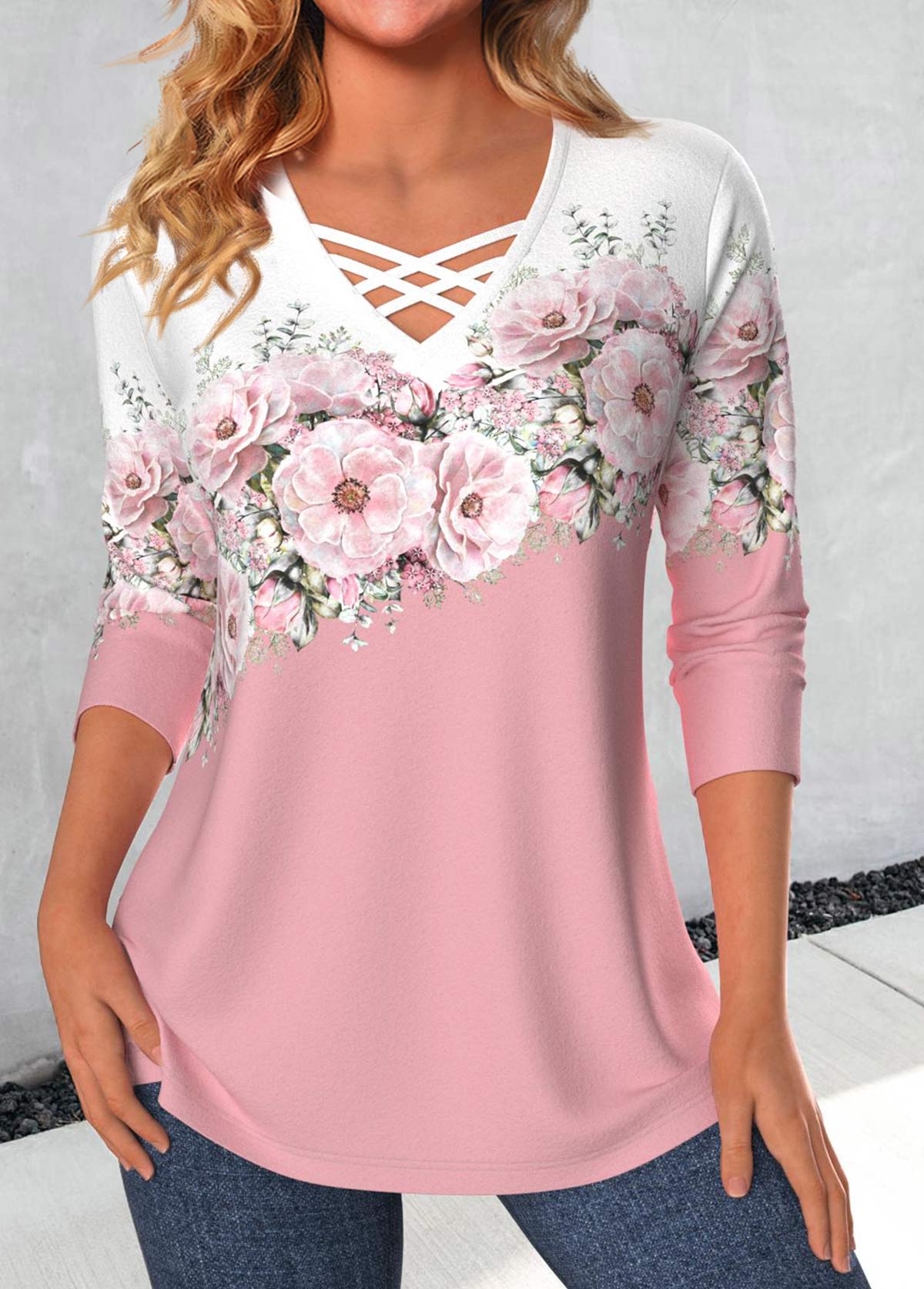 Valentine's Day Pink Criss Cross Floral Print T Shirt