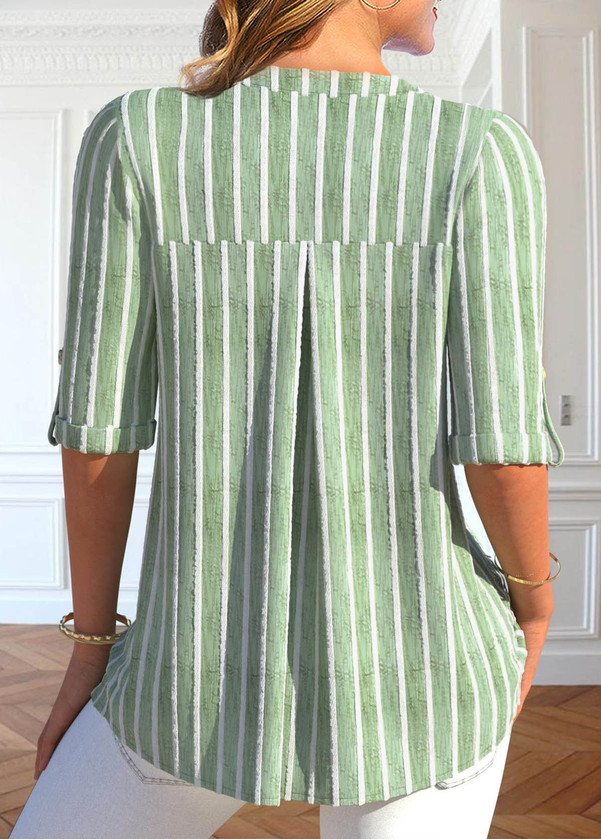 Plus Size Light Green Button Striped Half Sleeve Shirt