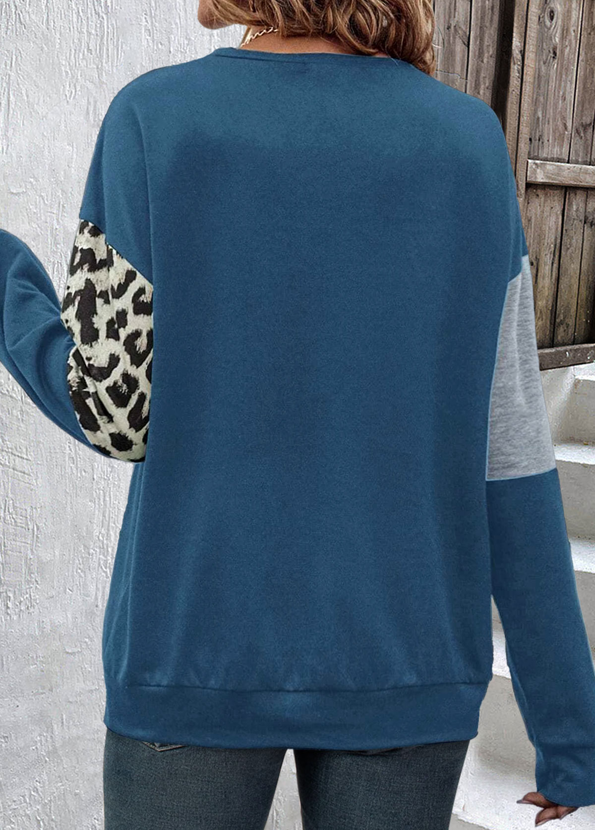 Dusty Blue Patchwork Leopard Long Sleeve Sweatshirt