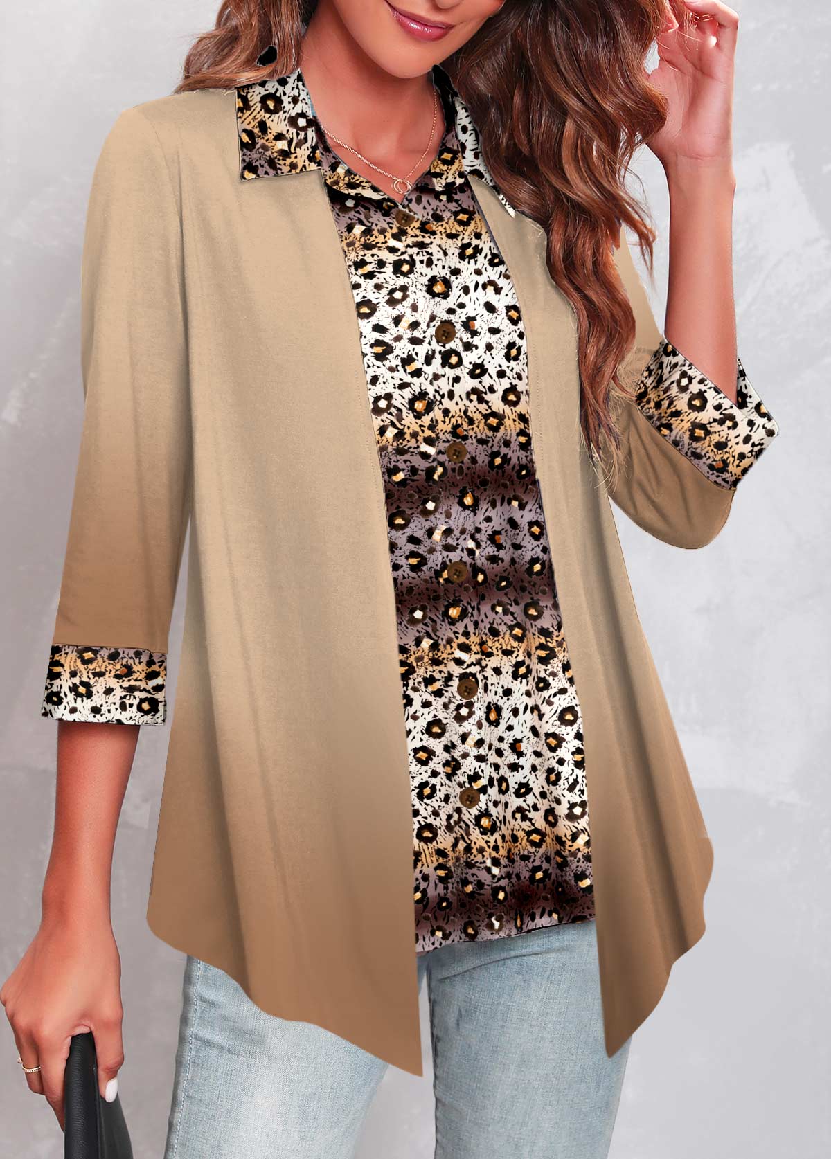 Light Camel Fake 2in1 Leopard Blouse | picture 