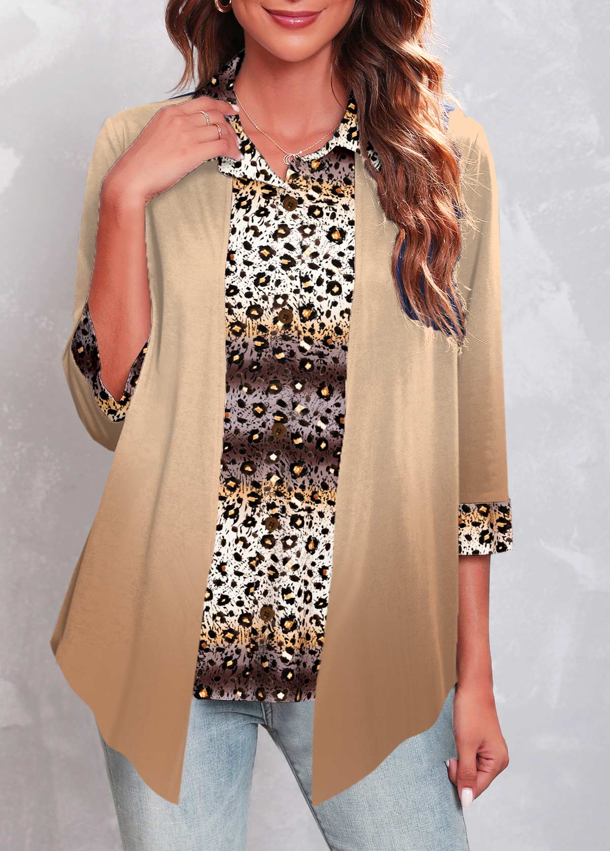 Light Camel Fake 2in1 Leopard Blouse | picture 