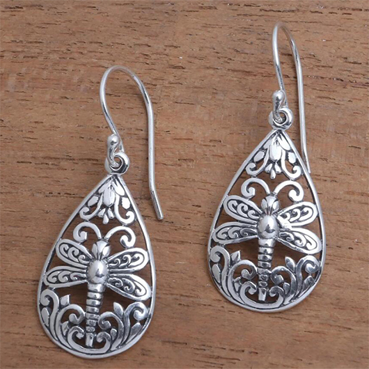 Silver Oval Dragonfly Hollow Design Earrings