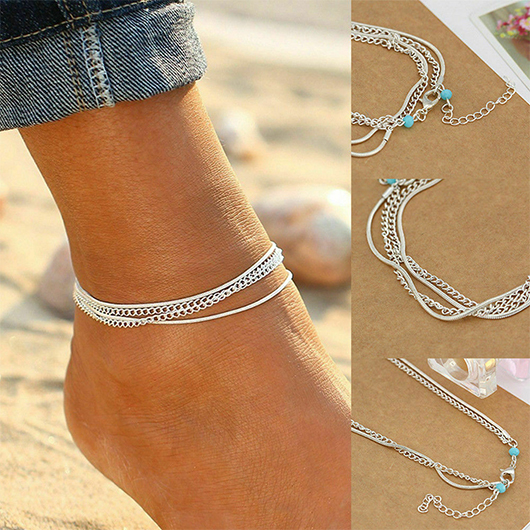 Silver Alloy Layered Design Chain Anklet