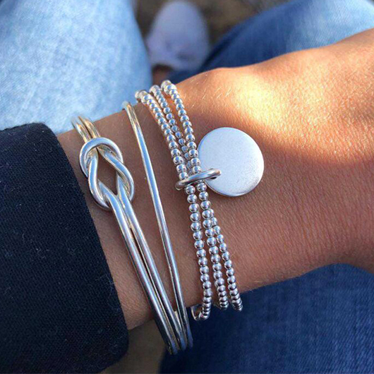 Silver Round Beads Detail Twist Bracelet Set