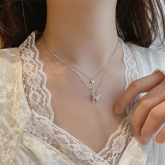 Alloy Detail Butterfly Design Silver Necklace