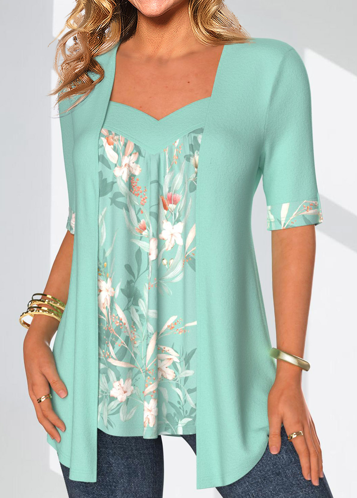 Mint Green Fake 2in1 Floral Print T Shirt