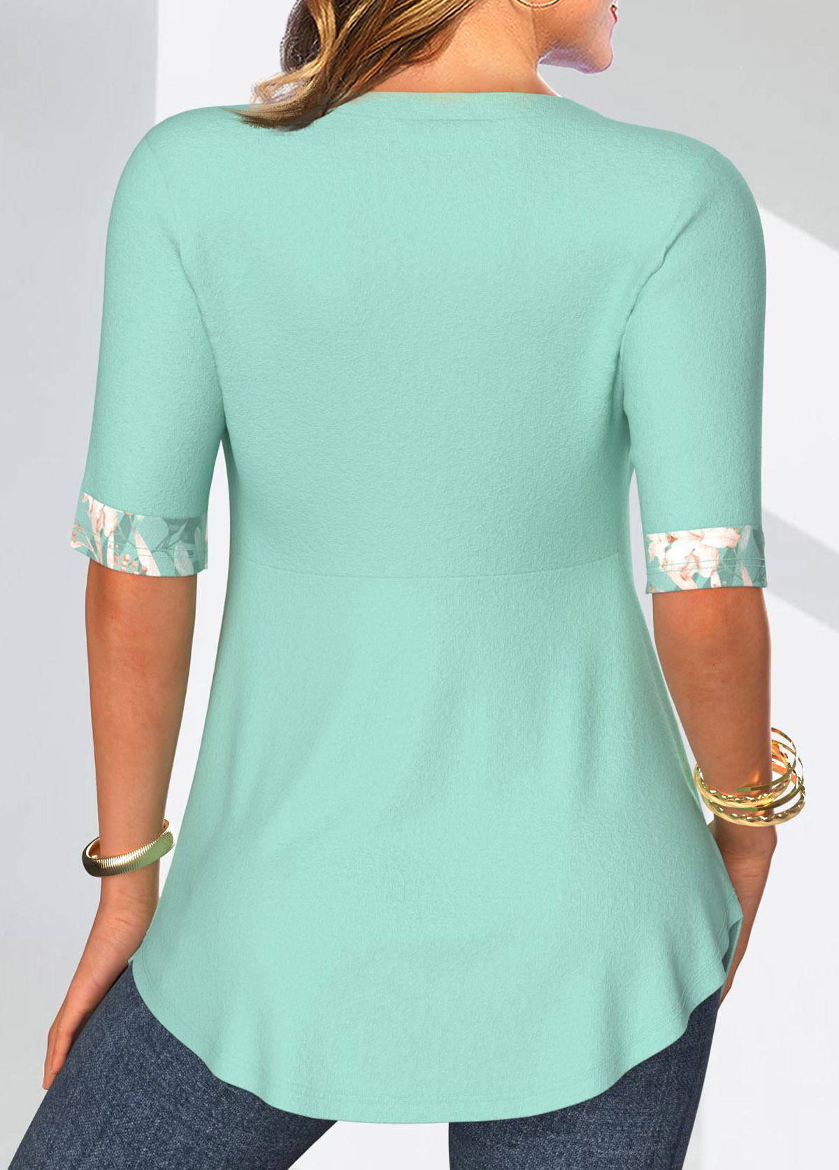 Mint Green Patchwork Floral Print Fake Two Piece Twinset | picture 