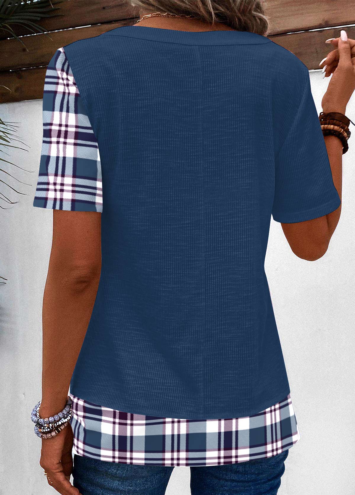 Blue Patchwork Plaid Short Sleeve T Shirt