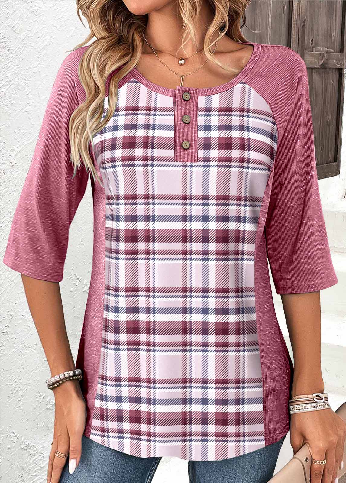 Pink Patchwork Button Plaid T Shirt | picture 