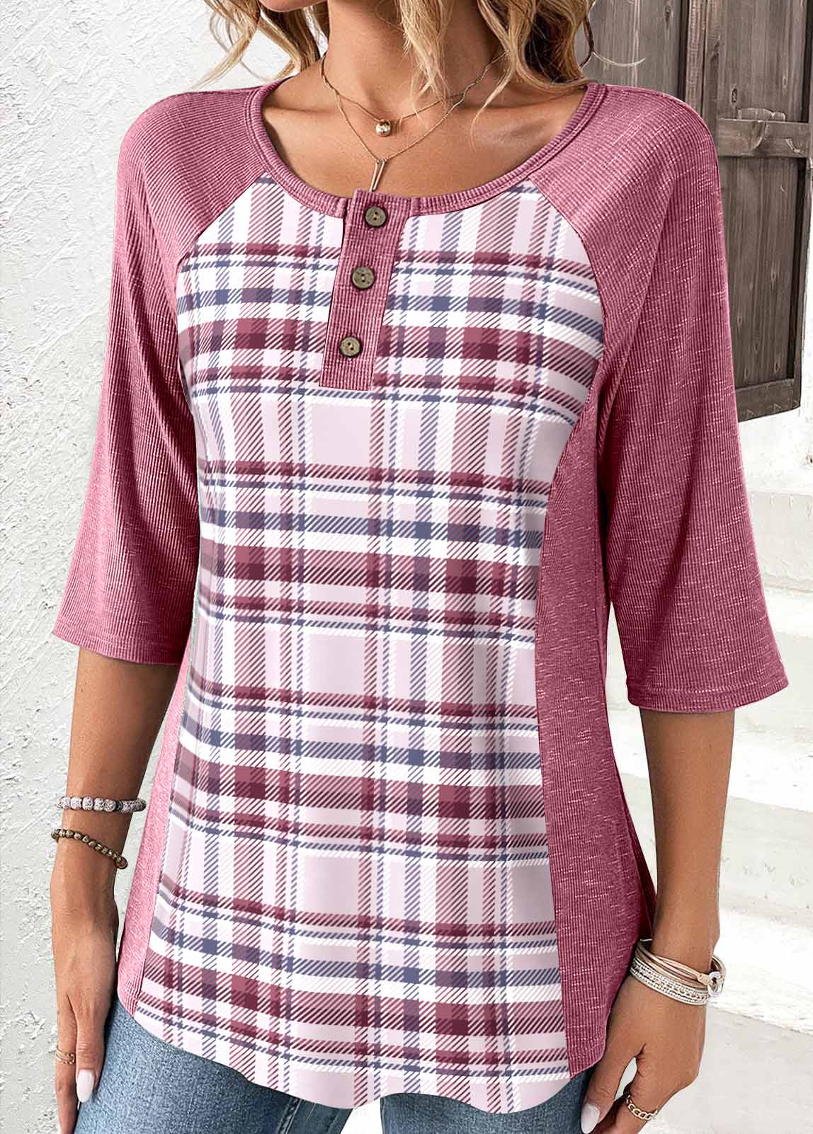 Pink Patchwork Button Plaid T Shirt | picture 