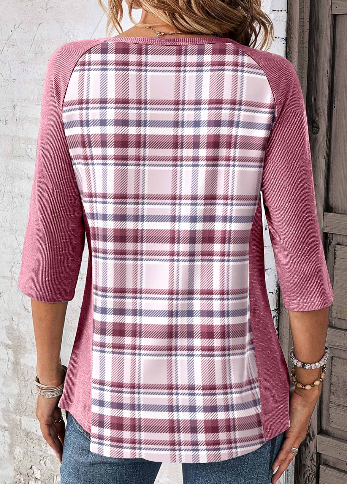 Pink Patchwork Button Plaid T Shirt