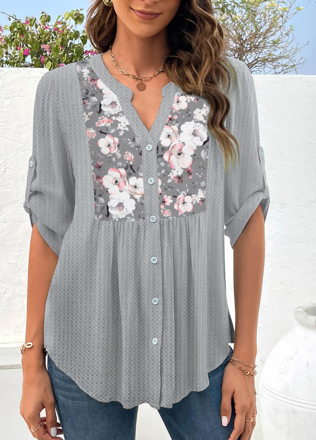 Light Grey Patchwork Floral Print Blouse | picture 