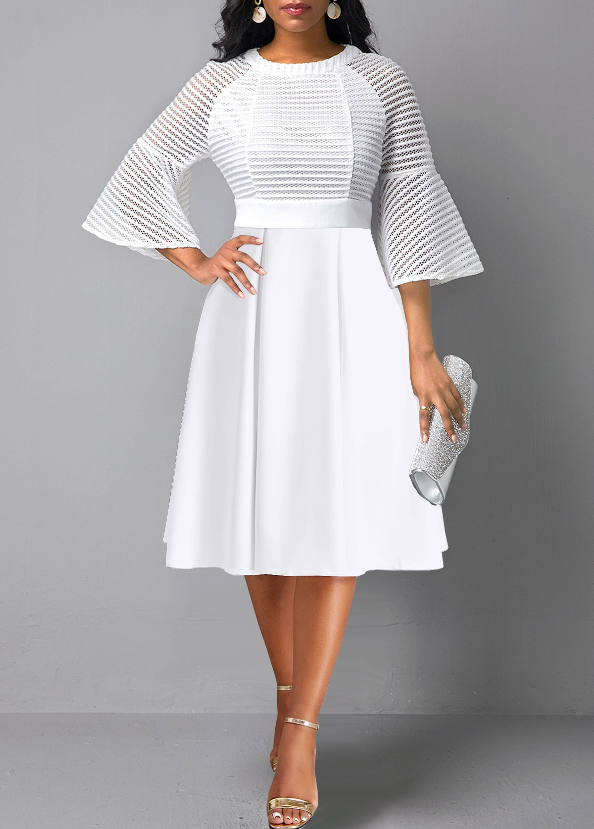 White Mesh Three Quarter Length Sleeve Dress