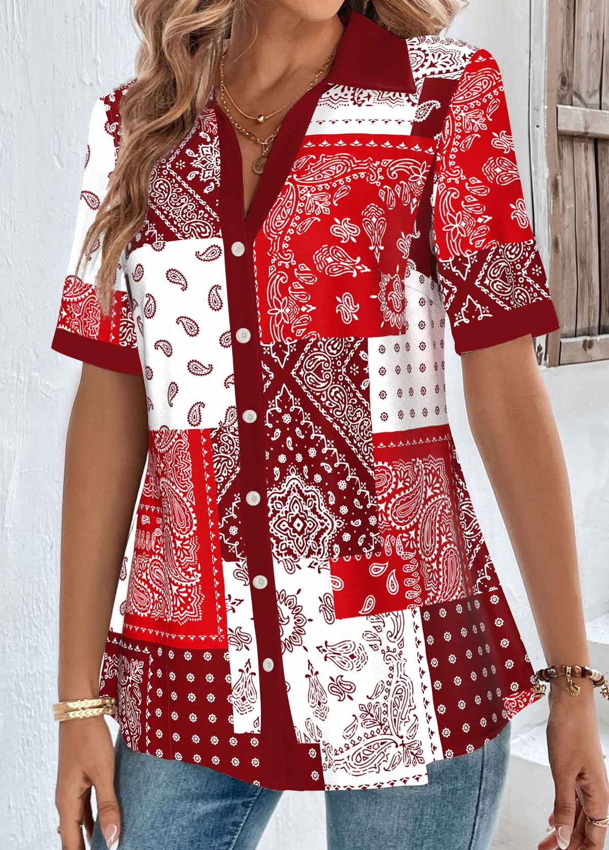 Plus Size Red Patchwork Short Sleeve Blouse | picture 