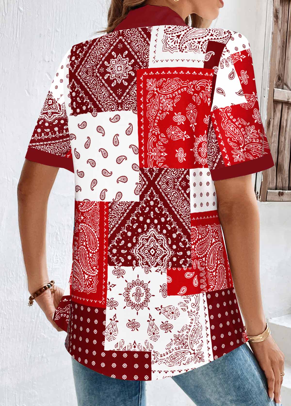 Plus Size Red Patchwork Short Sleeve Blouse
