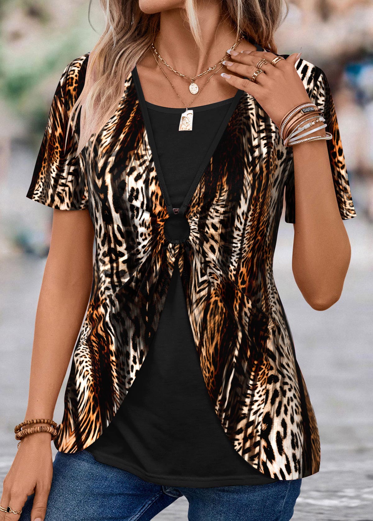 Dark Coffee Fake 2in1 Leopard T Shirt | picture 