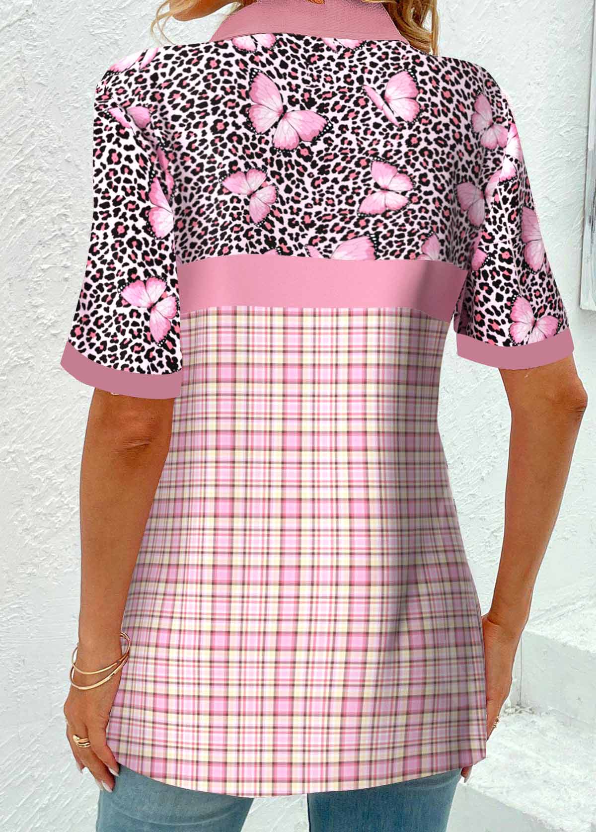 Plus Size Light Pink Patchwork Plaid Blouse | picture 