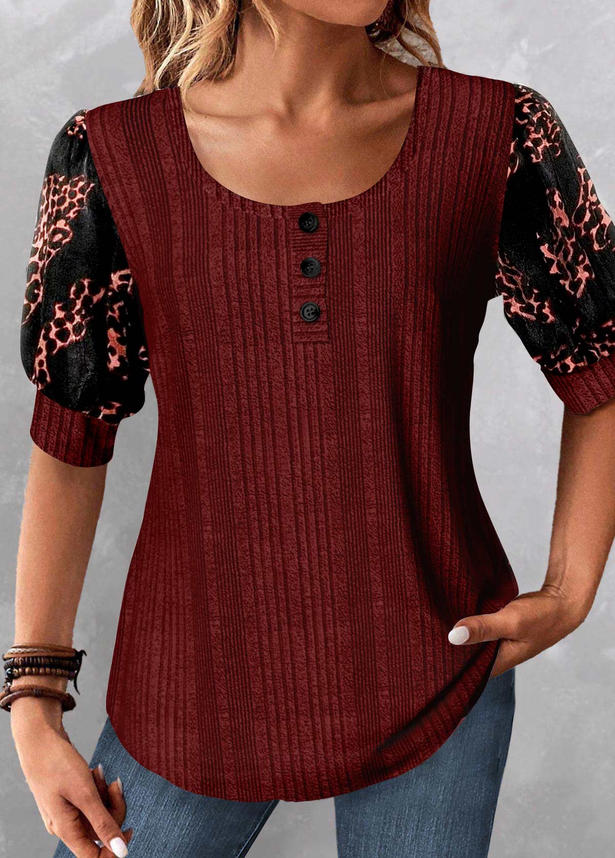 Wine Red Patchwork Leopard Half Sleeve Blouse