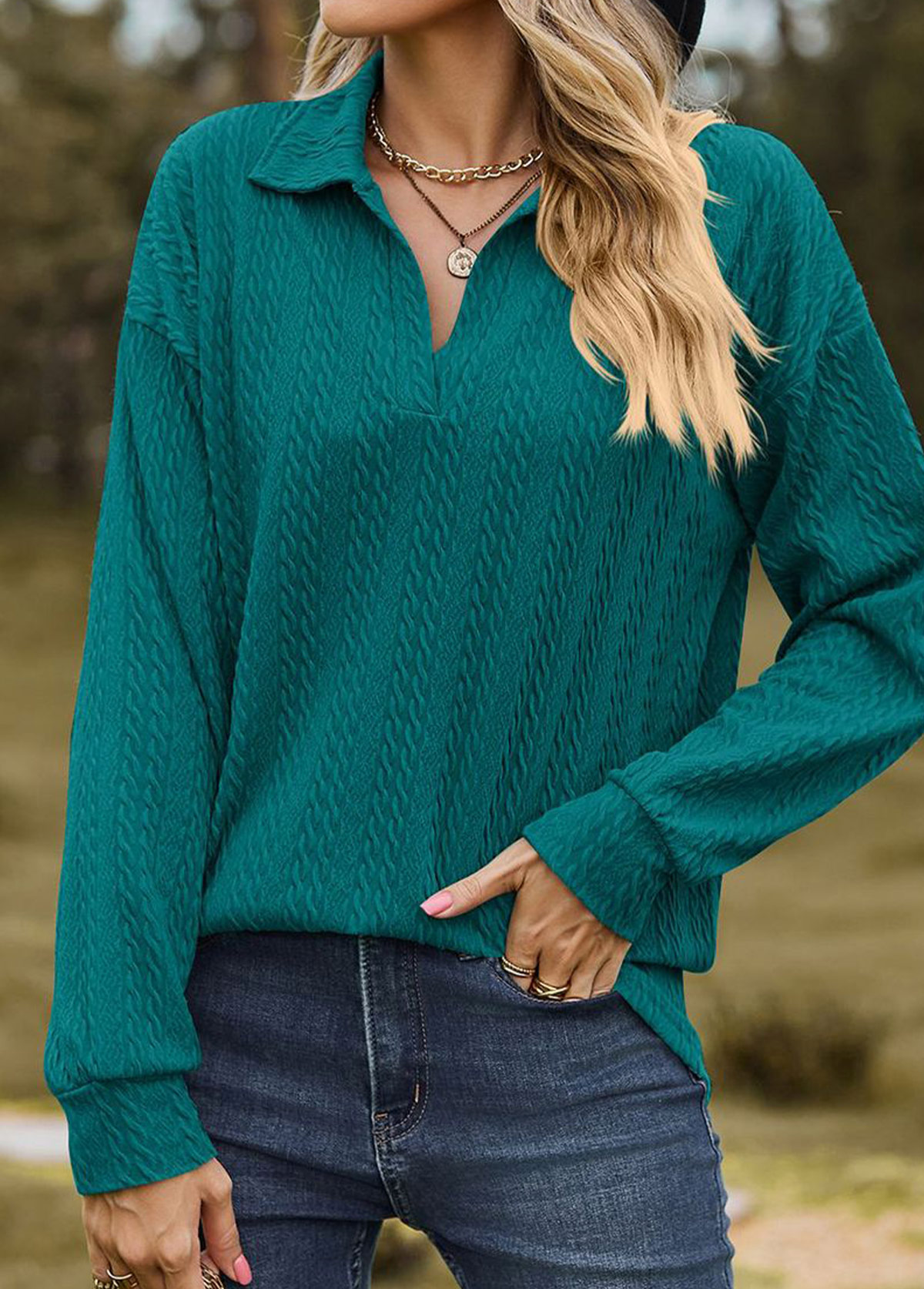 Green Long Sleeve Turn Down Collar Sweatshirt