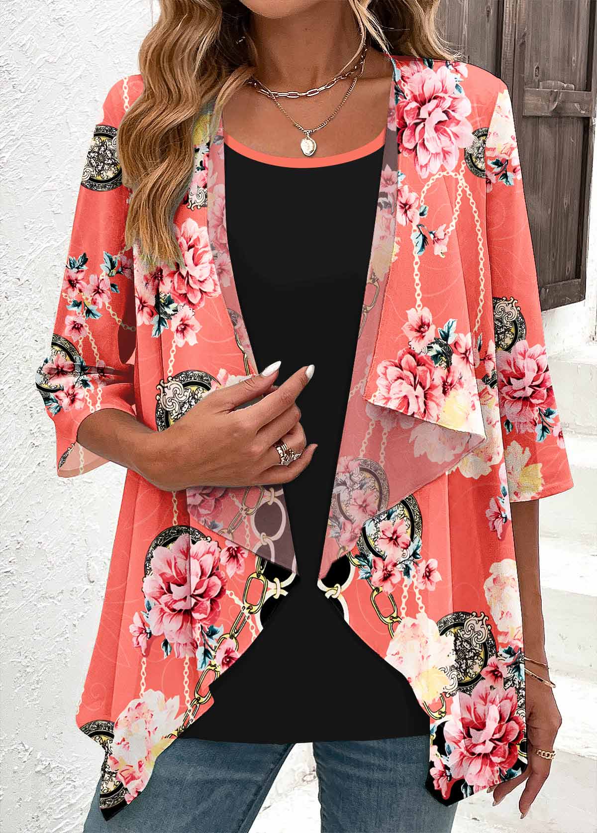 Peach Red Fake 2in1 Floral Print Blouse